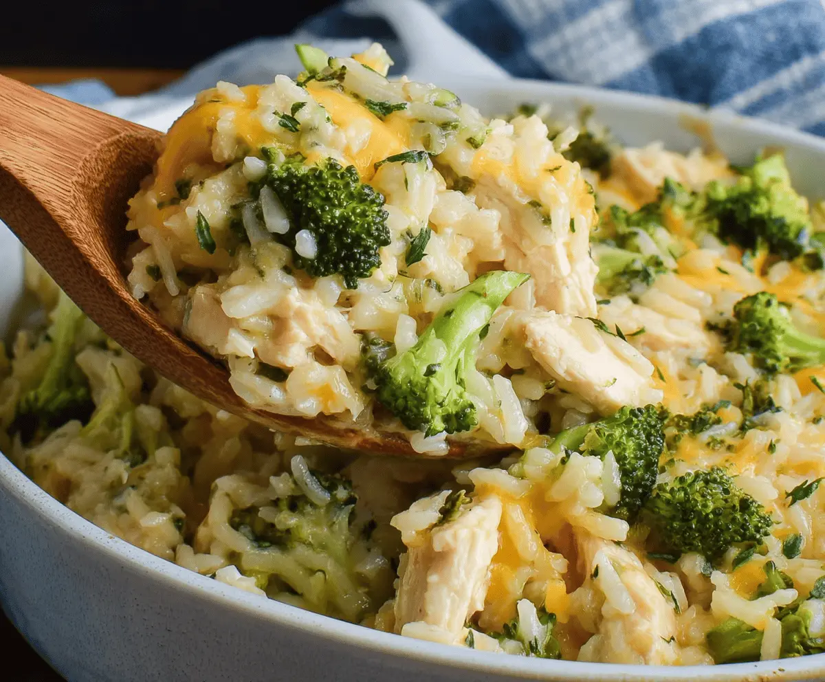 Delicious Chicken Broccoli Rice Casserole in a baking dish, topped with melted cheese and fresh herbs.