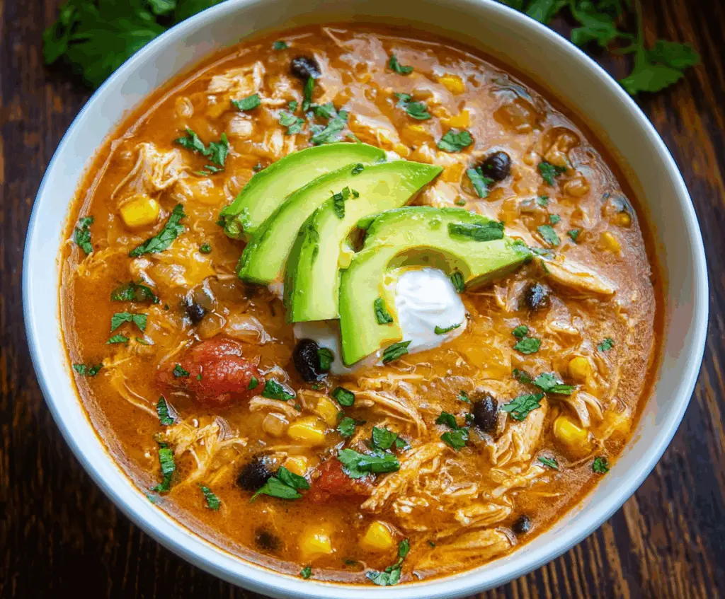 Delicious Chicken Enchilada Soup in a bowl with melted cheese and fresh cilantro garnish.