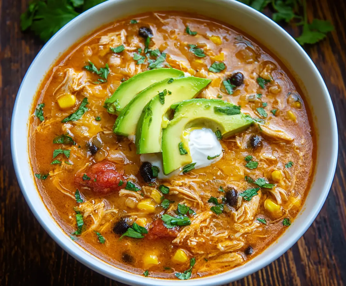 Delicious Chicken Enchilada Soup in a bowl with melted cheese and fresh cilantro garnish.