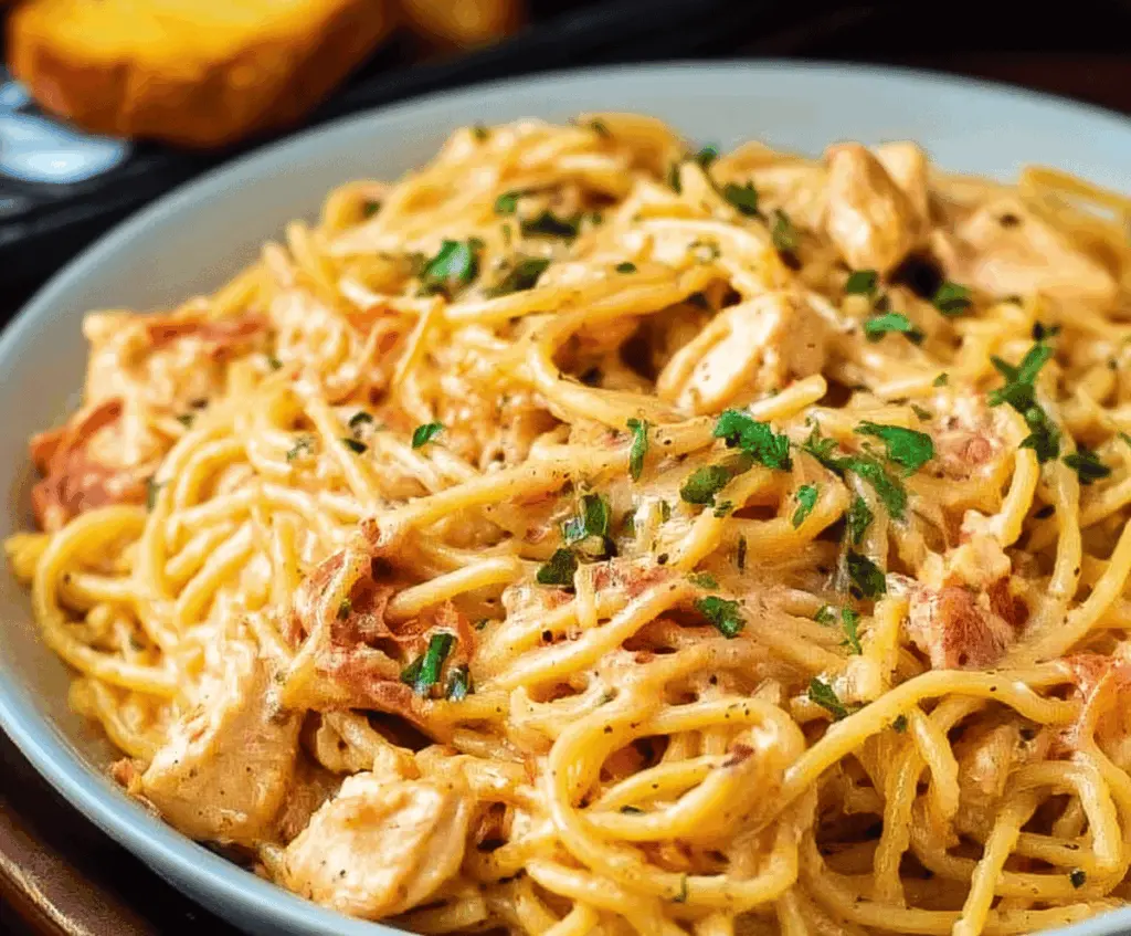 Delicious homemade chicken spaghetti served on a plate with fresh herbs