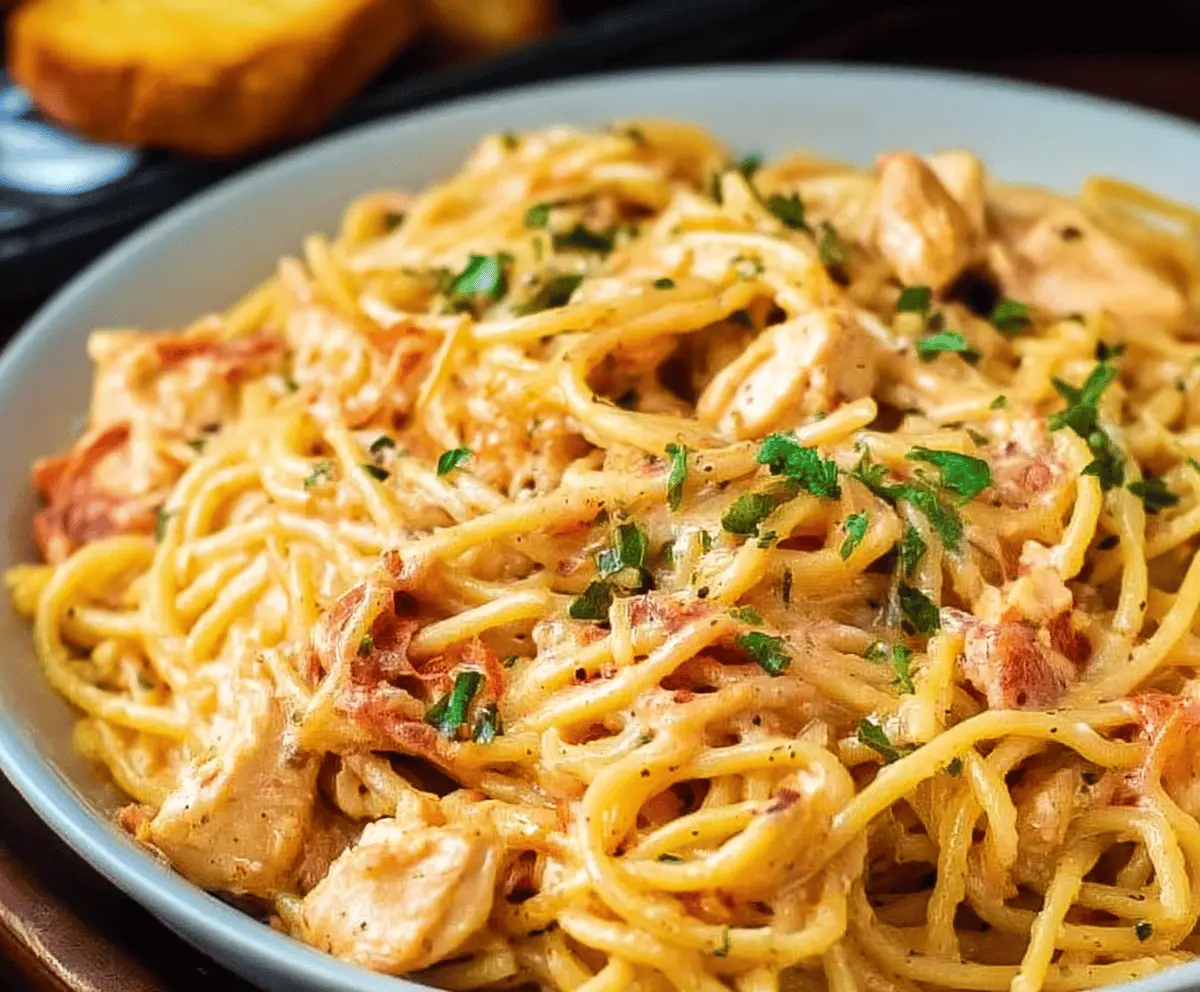 Delicious homemade chicken spaghetti served on a plate with fresh herbs