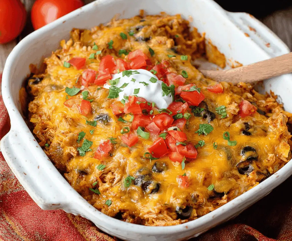 Delicious chicken taco casserole with melted cheese and fresh toppings in a baking dish.