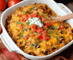 Delicious chicken taco casserole with melted cheese and fresh toppings in a baking dish.