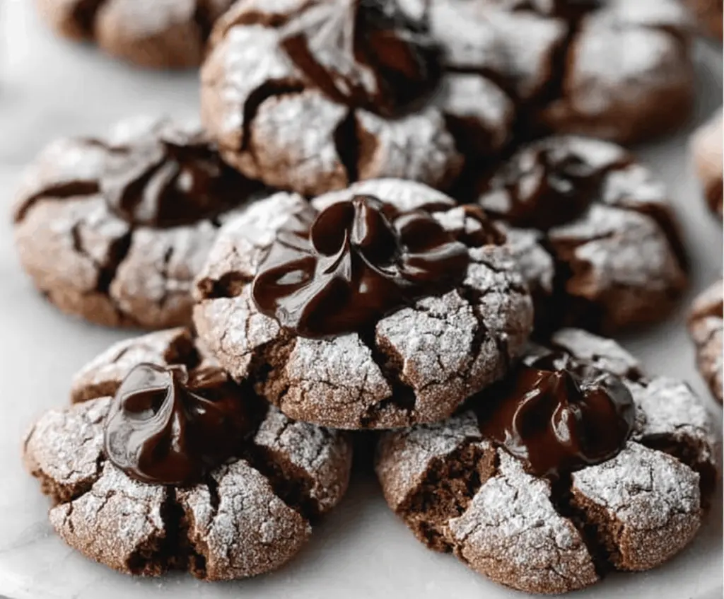 Delicious Chocolate Blossom Cookies with a glossy chocolate center and festive decorations