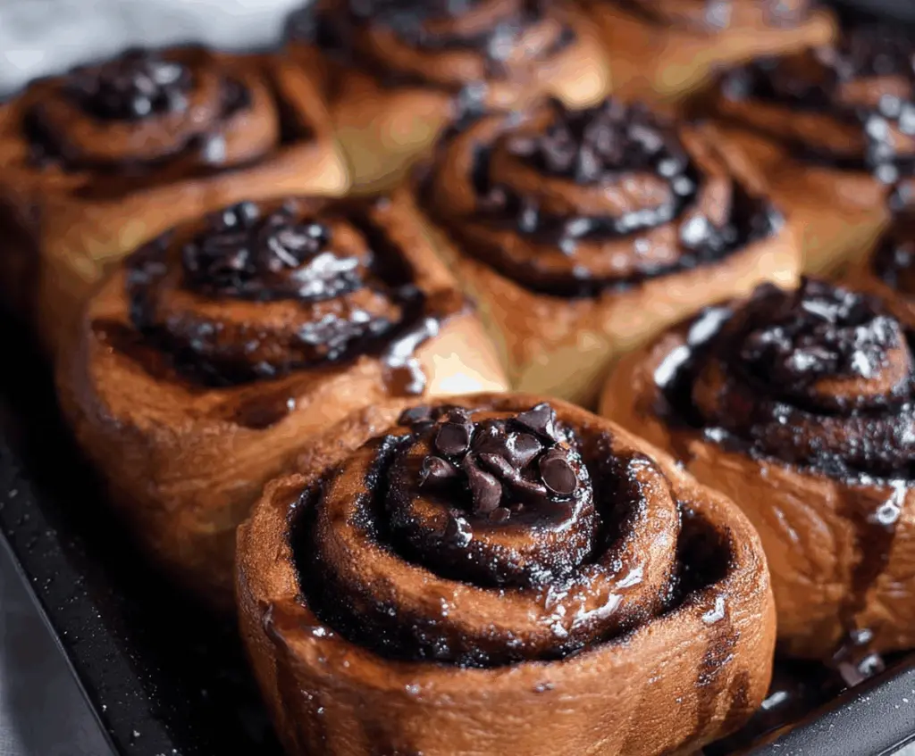 Delicious chocolate cinnamon rolls with swirls of rich chocolate and warm cinnamon on a plate.