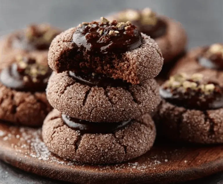 Delicious chocolate thumbprint cookies with a glossy chocolate filling on a white plate
