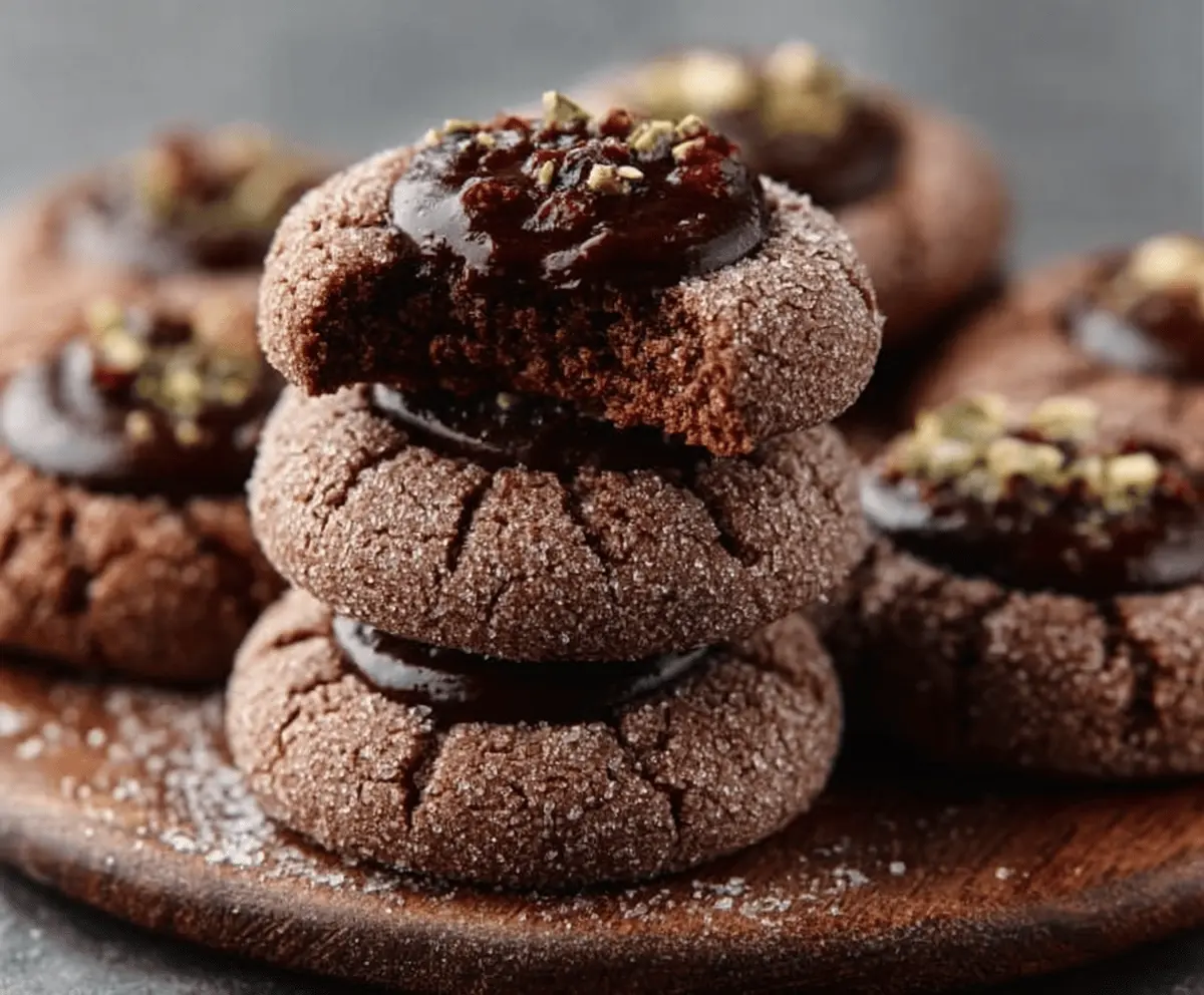 Delicious chocolate thumbprint cookies with a glossy chocolate filling on a white plate