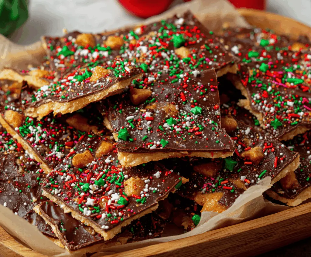Delicious homemade Christmas Crack recipe with caramel, chocolate, and festive toppings on a holiday-themed plate.