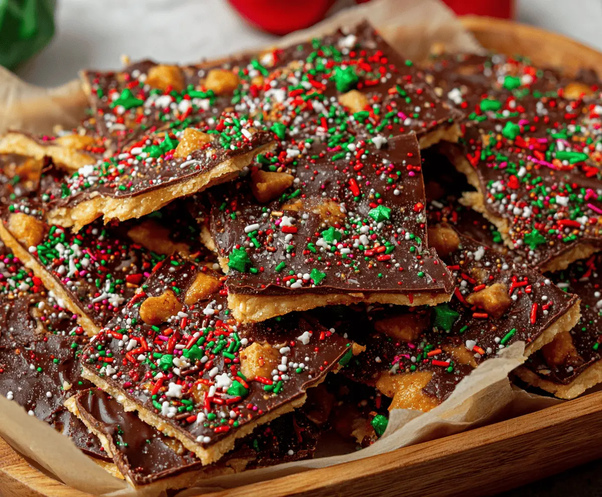 Delicious homemade Christmas Crack recipe with caramel, chocolate, and festive toppings on a holiday-themed plate.