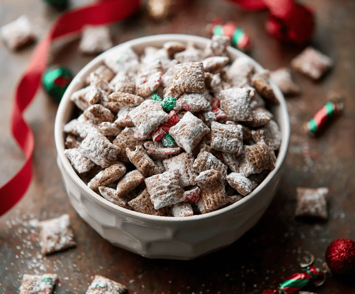 Festive Christmas Puppy Chow with colorful coated cereal snacks and holiday sprinkles.