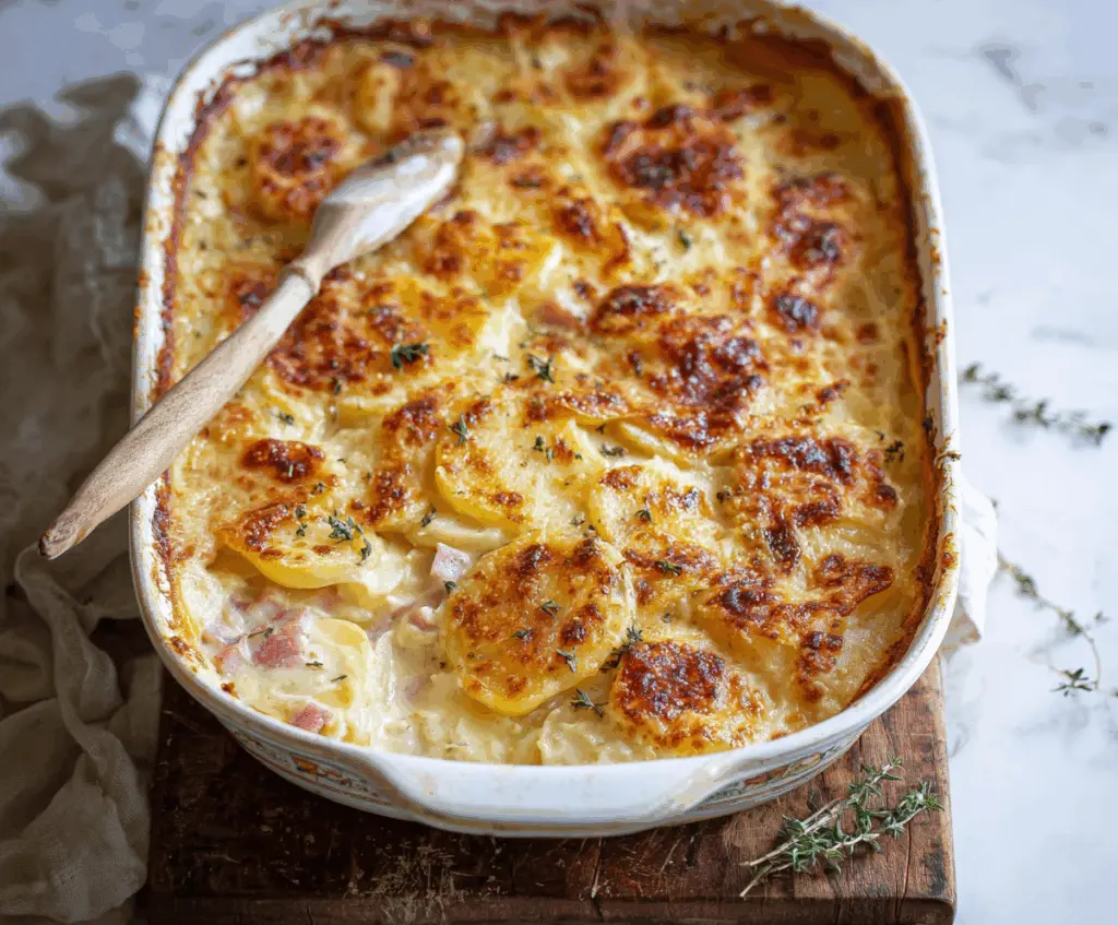Delicious classic scalloped potatoes with ham served in a baking dish, topped with golden cheese.
