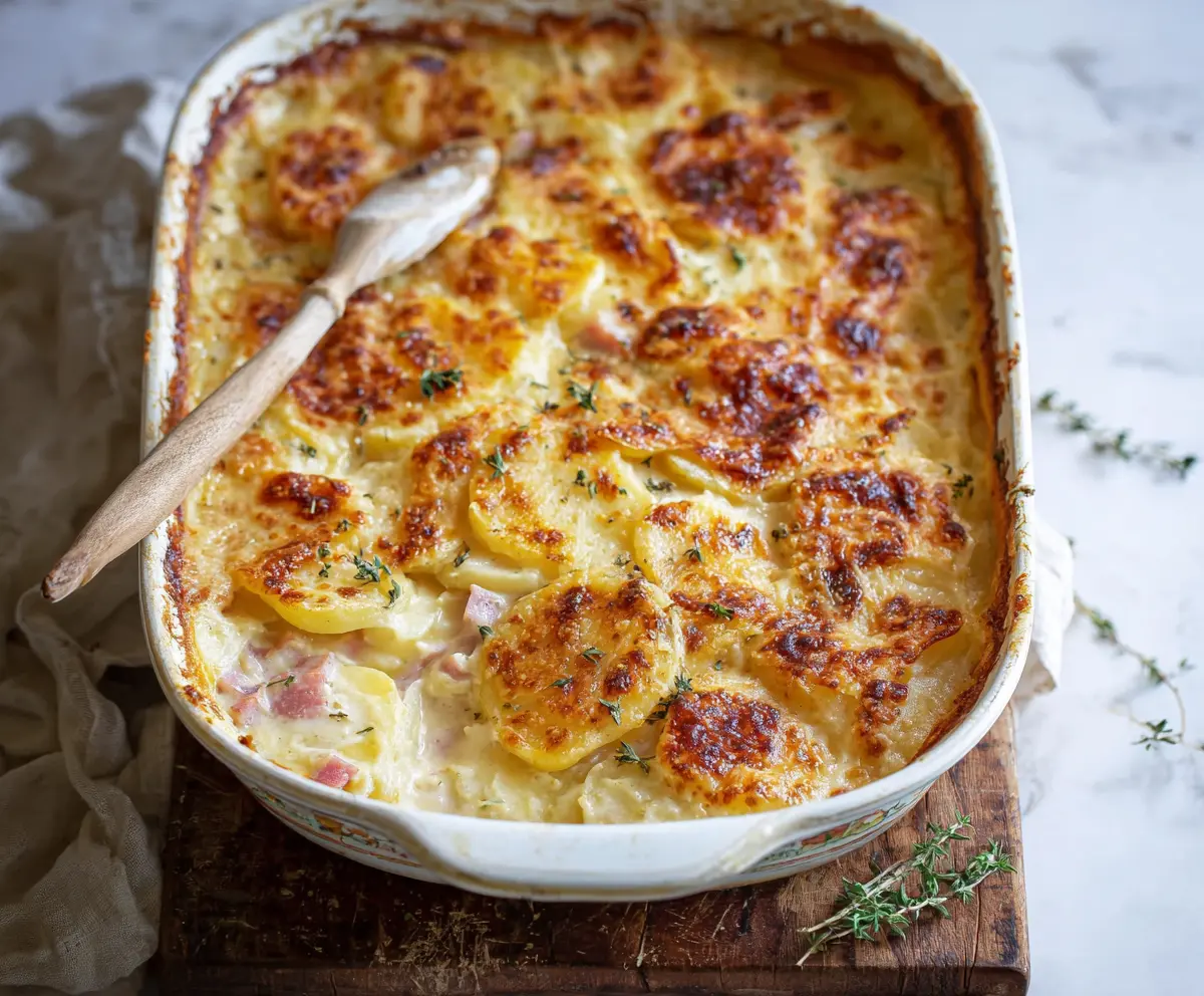 Delicious classic scalloped potatoes with ham served in a baking dish, topped with golden cheese.