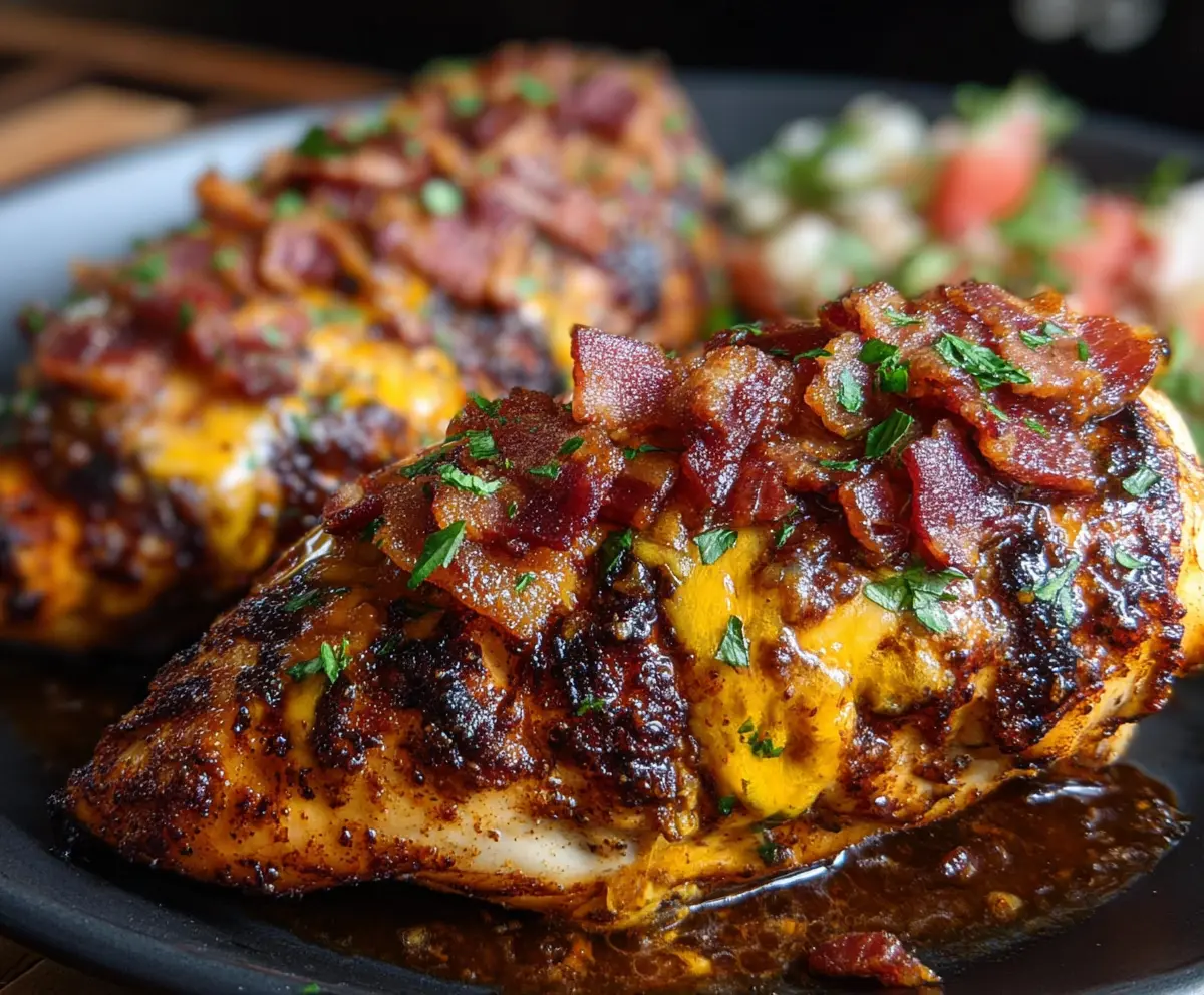 Juicy Cowboy BBQ Bacon Cheddar Chicken topped with crispy bacon and melted cheese on a rustic plate.