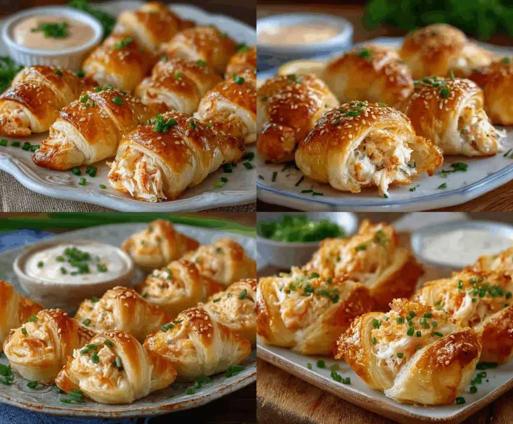 Delicious Crab Crescent Bites served on a white plate, showcasing flaky pastry filled with crab meat and herbs.