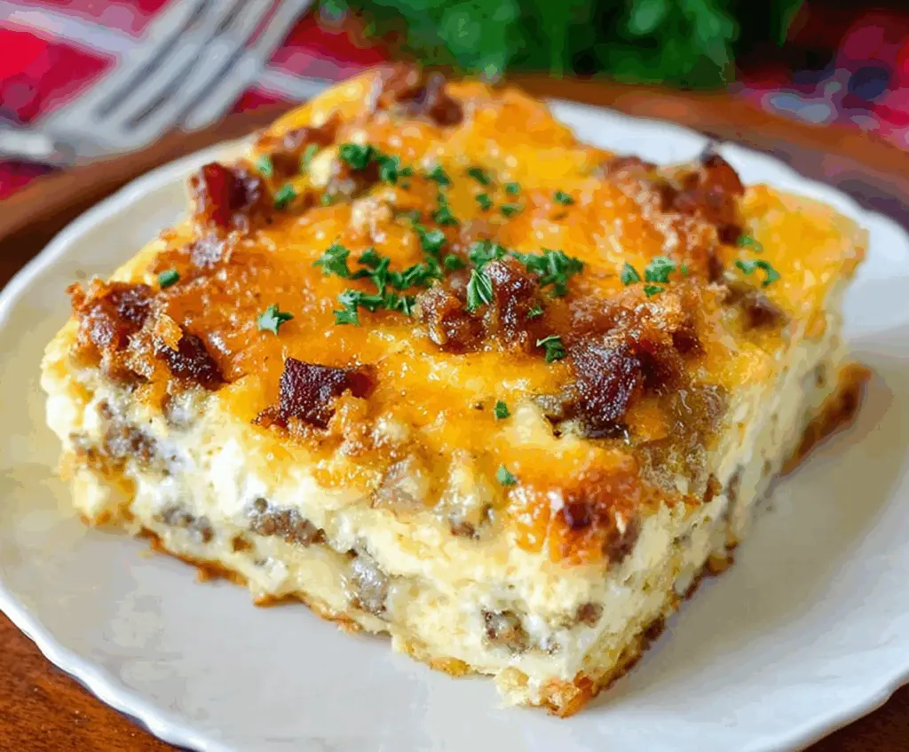 Delicious Crack Breakfast Casserole with eggs, cheese, and breakfast meats served hot.