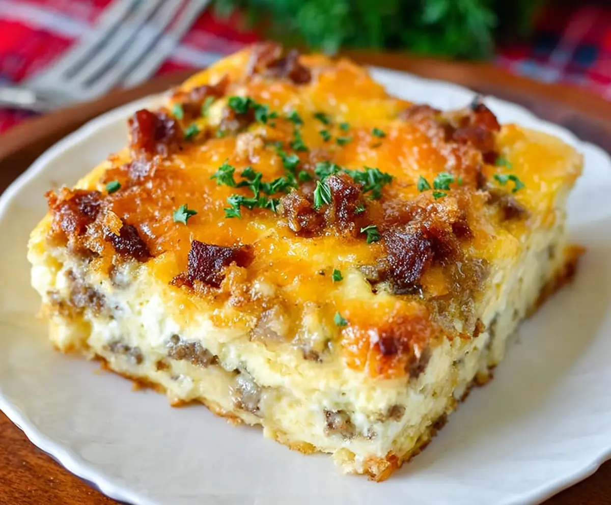 Delicious Crack Breakfast Casserole with eggs, cheese, and breakfast meats served hot.