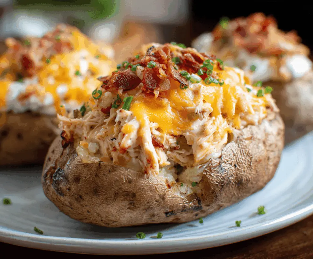 Delicious Crack Chicken Stuffed Potatoes topped with cheese and herbs, perfect for a comforting meal.