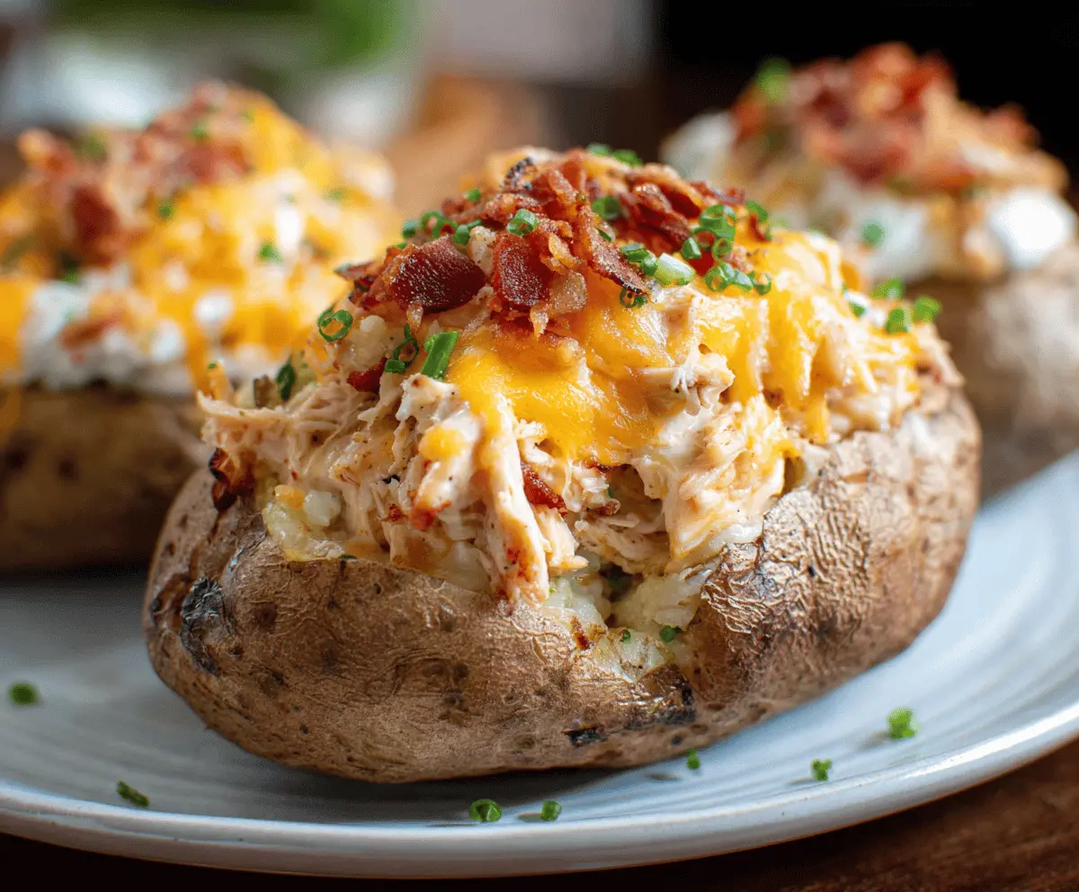 Delicious Crack Chicken Stuffed Potatoes topped with cheese and herbs, perfect for a comforting meal.