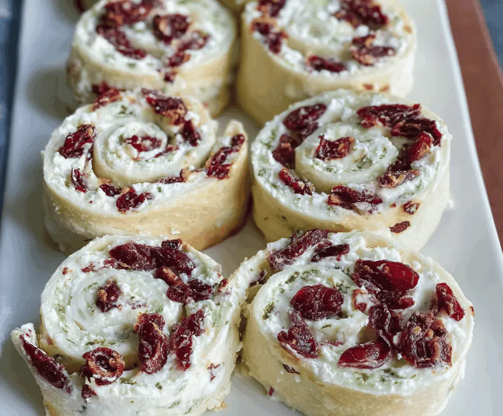 Cranberry Feta Pinwheels with Cream Cheese on a serving platter, showcasing vibrant colors and savory flavors.