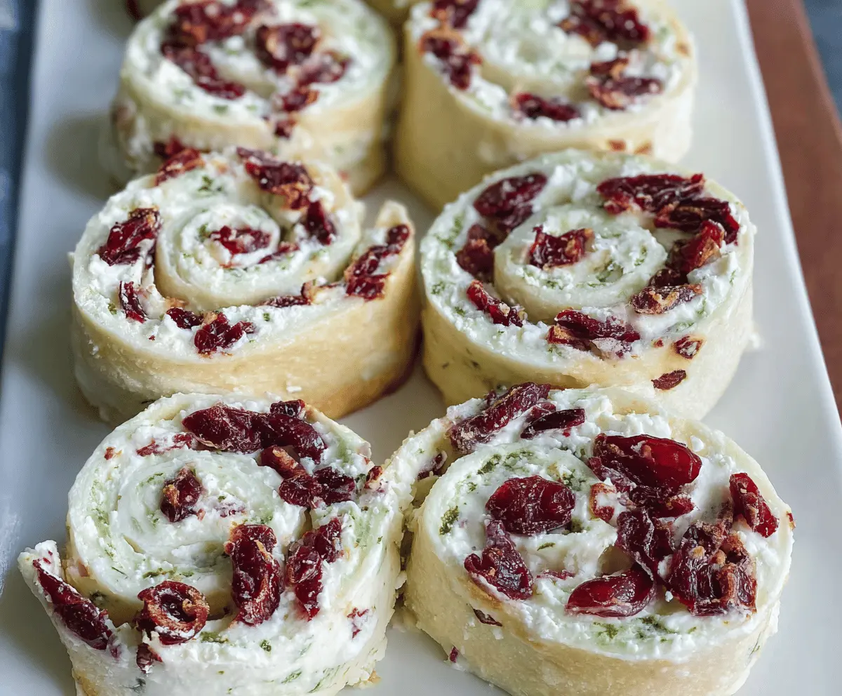 Cranberry Feta Pinwheels with Cream Cheese on a serving platter, showcasing vibrant colors and savory flavors.