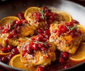 Juicy Cranberry Orange Chicken dish with vibrant orange slices and fresh cranberries on a plate.
