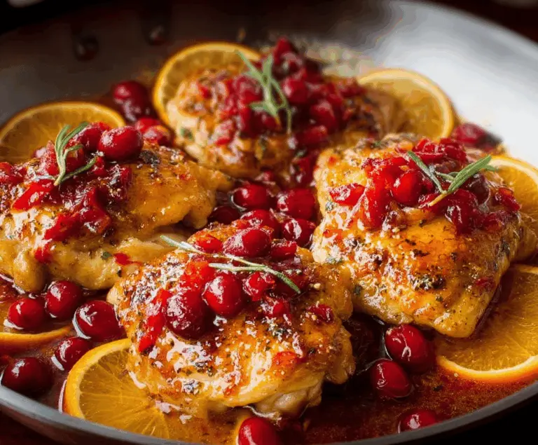 Juicy Cranberry Orange Chicken dish with vibrant orange slices and fresh cranberries on a plate.