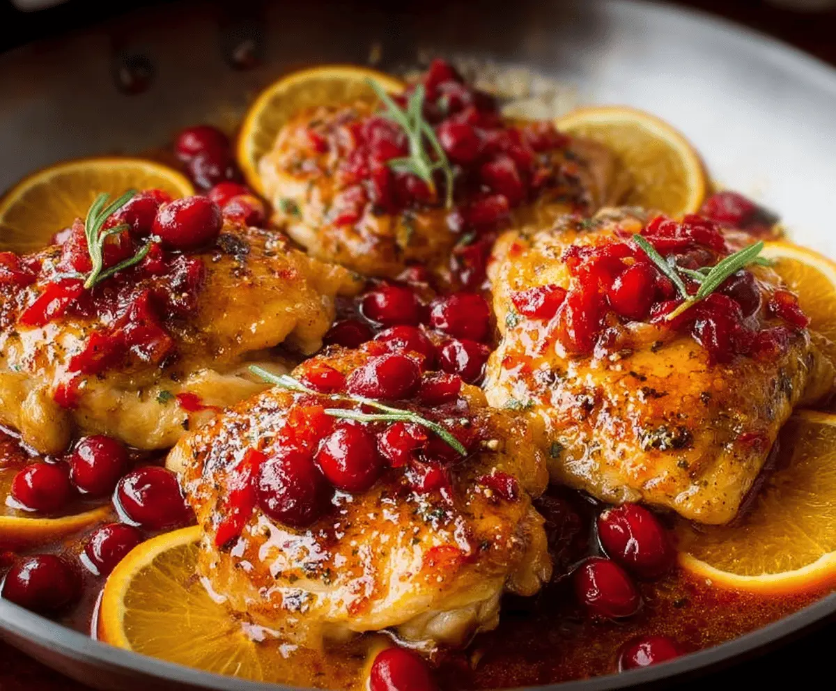 Juicy Cranberry Orange Chicken dish with vibrant orange slices and fresh cranberries on a plate.
