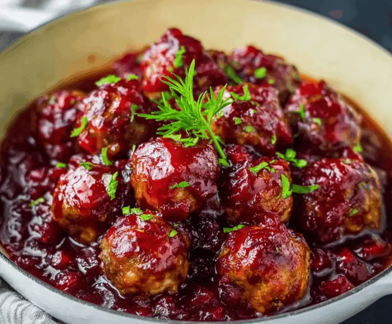 Delicious cranberry sauce glazed meatballs served on a platter, perfect for holiday dinners.