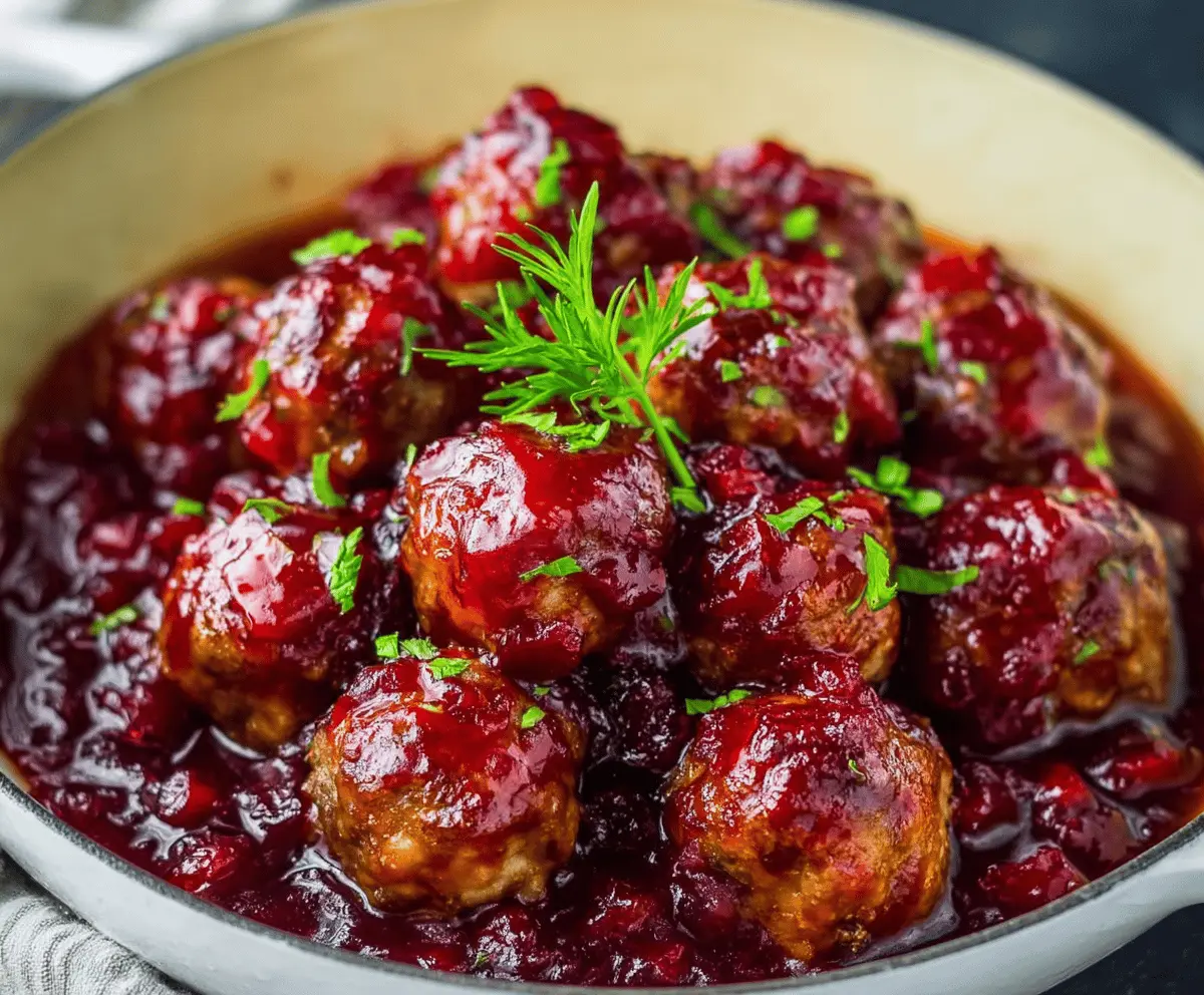 Delicious cranberry sauce glazed meatballs served on a platter, perfect for holiday dinners.