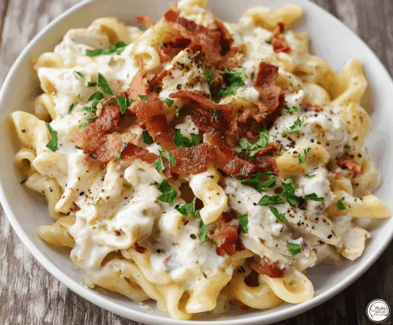 Creamy Chicken Bacon Ranch Pasta dish with tender chicken, crispy bacon, and creamy ranch sauce served over pasta.