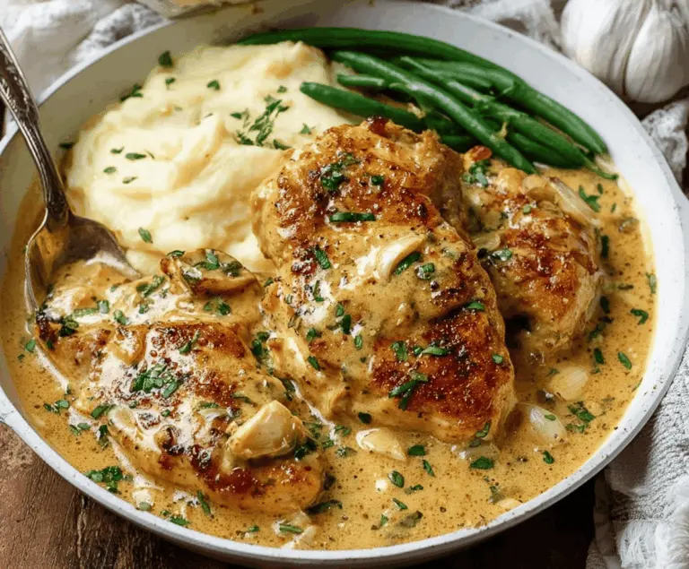 Delicious creamy garlic chicken served on a plate with fresh herbs