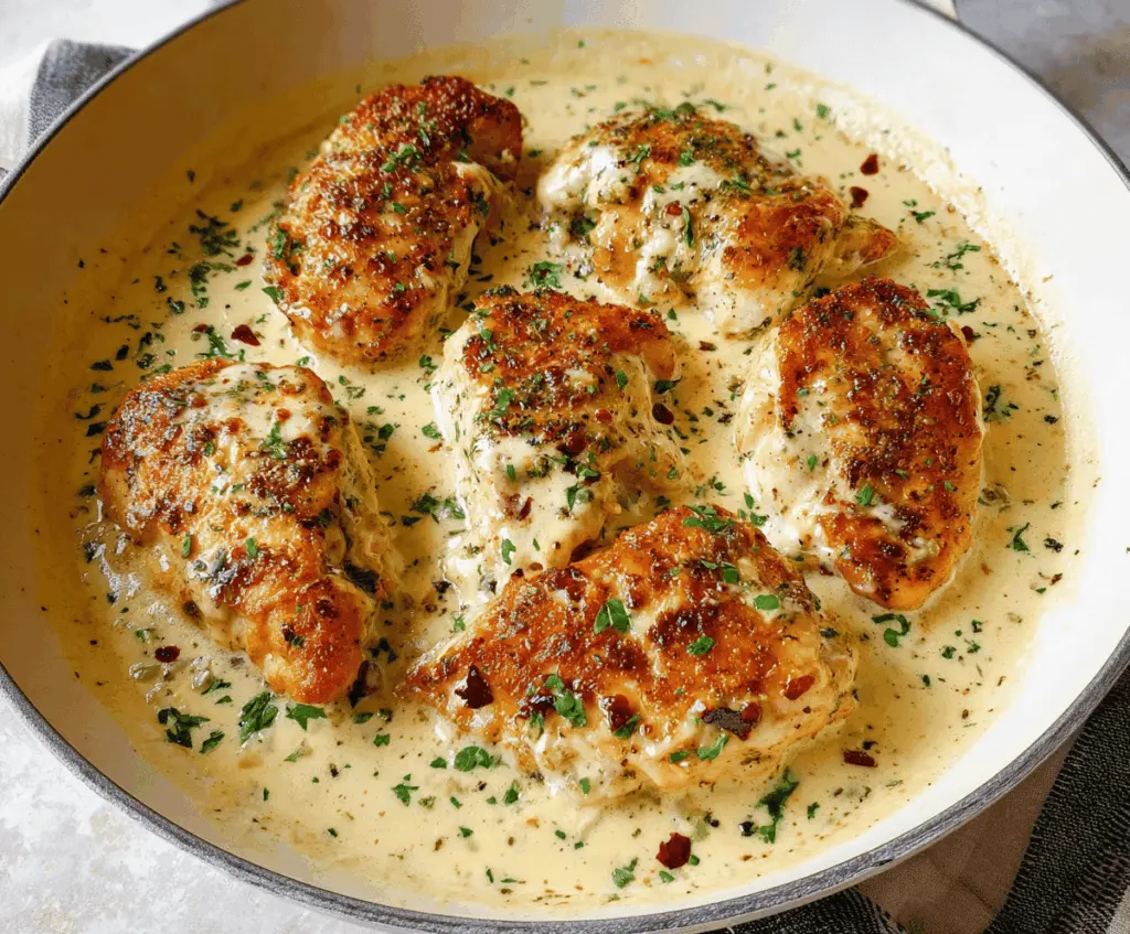 Creamy Garlic Parmesan Chicken served with fresh herbs on a white plate, highlightin its rich, creamy texture and flavorful garlic and cheese topping.