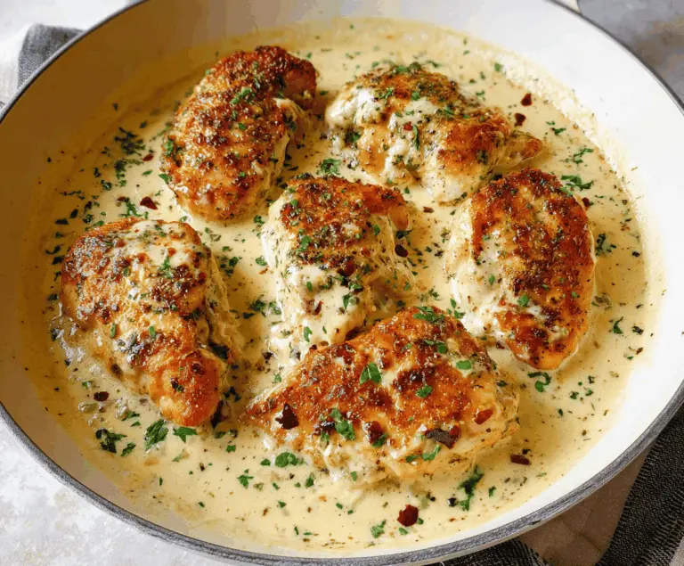 Creamy Garlic Parmesan Chicken served with fresh herbs on a white plate, highlightin its rich, creamy texture and flavorful garlic and cheese topping.