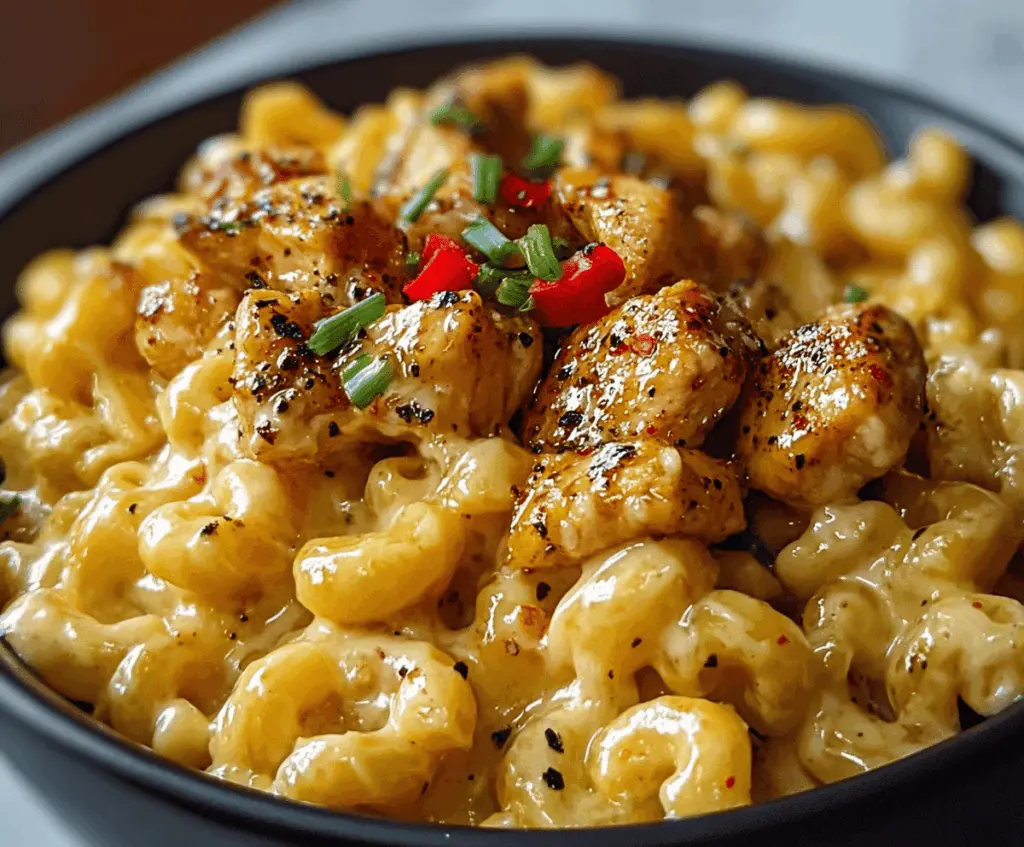 Creamy Honey Pepper Chicken Mac and Cheese served in a white bowl, topped with fresh herbs