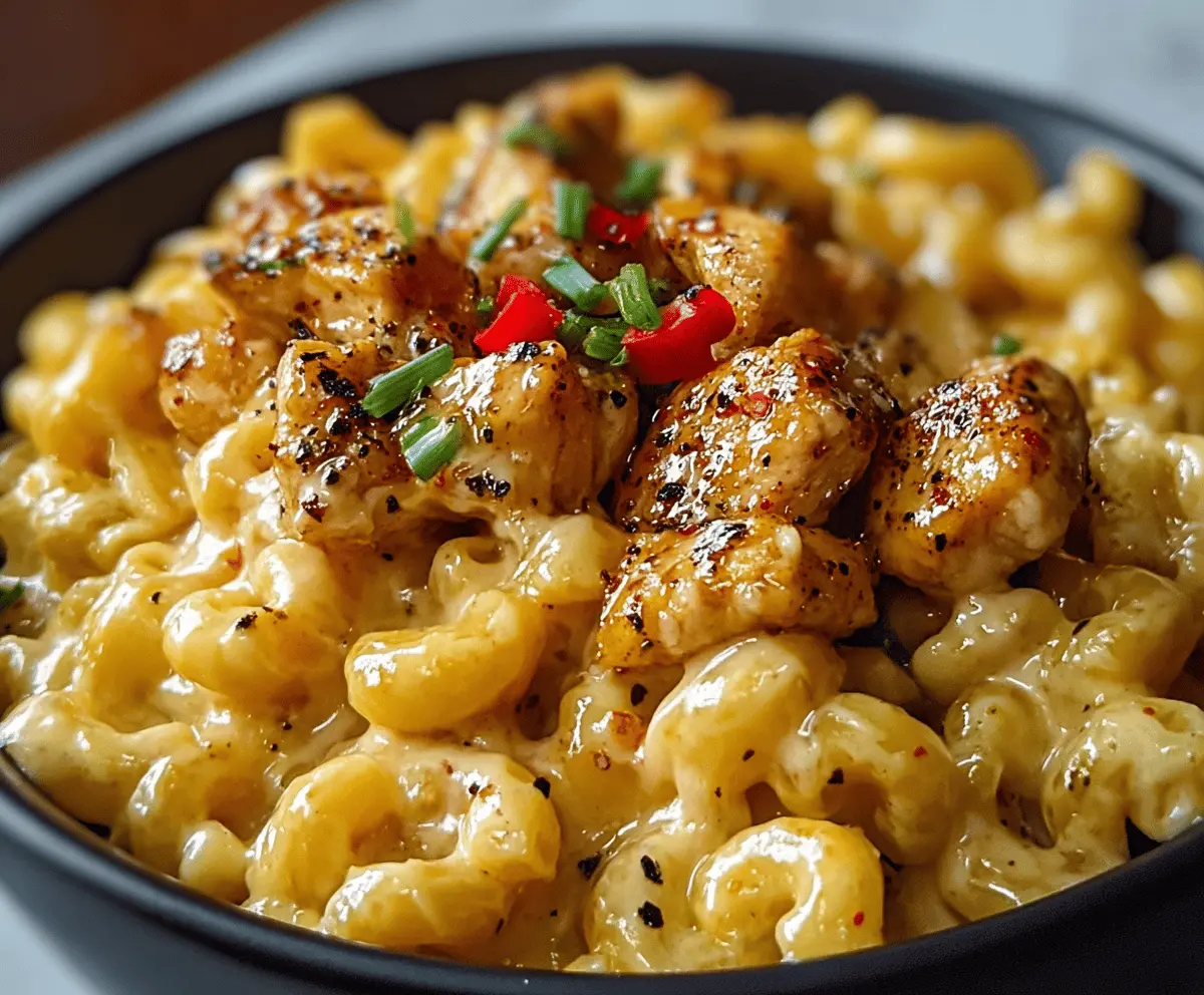 Creamy Honey Pepper Chicken Mac and Cheese served in a white bowl, topped with fresh herbs