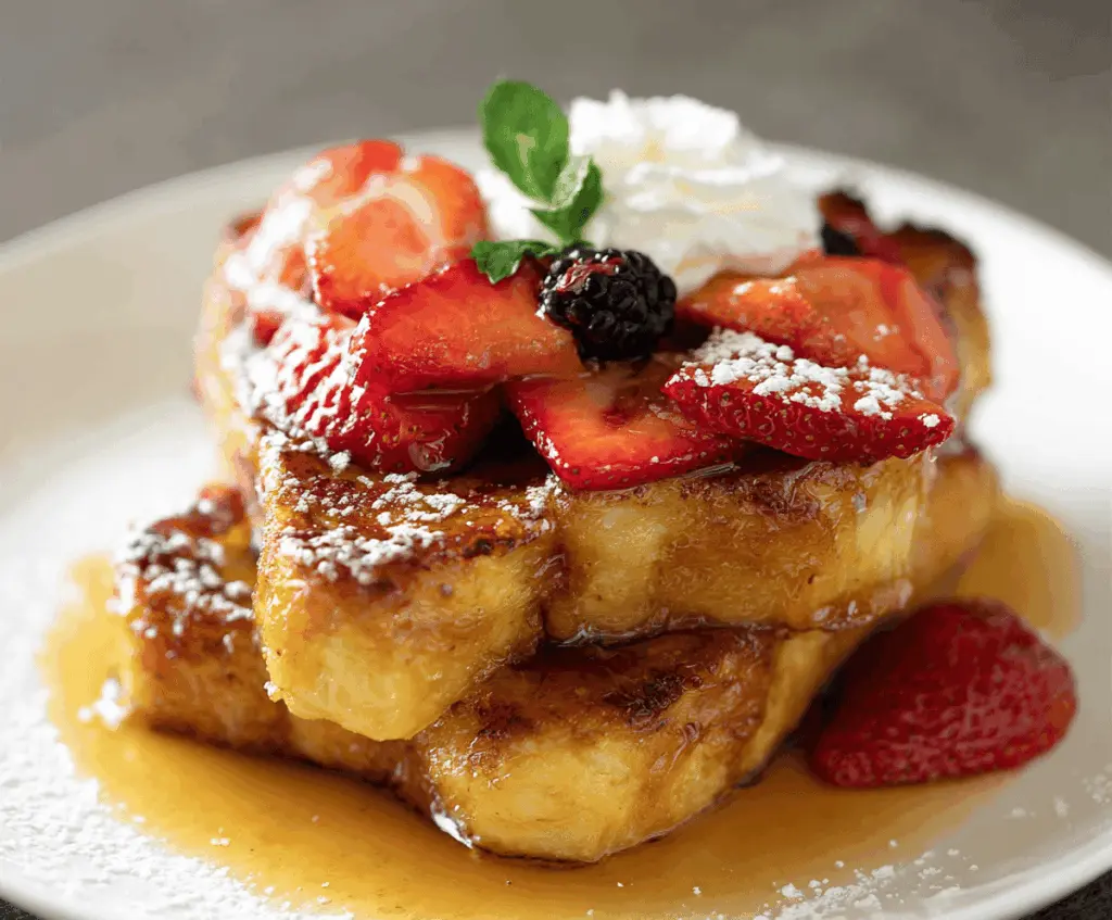 Delicious Crème Brûlée French Toast topped with caramelized sugar and fresh berries.