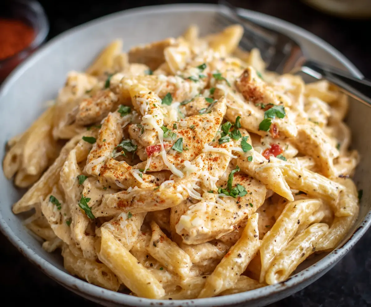 Creamy Cajun Chicken Pasta cooked in a Crock Pot with seasoned chicken and pasta, garnished with fresh herbs.