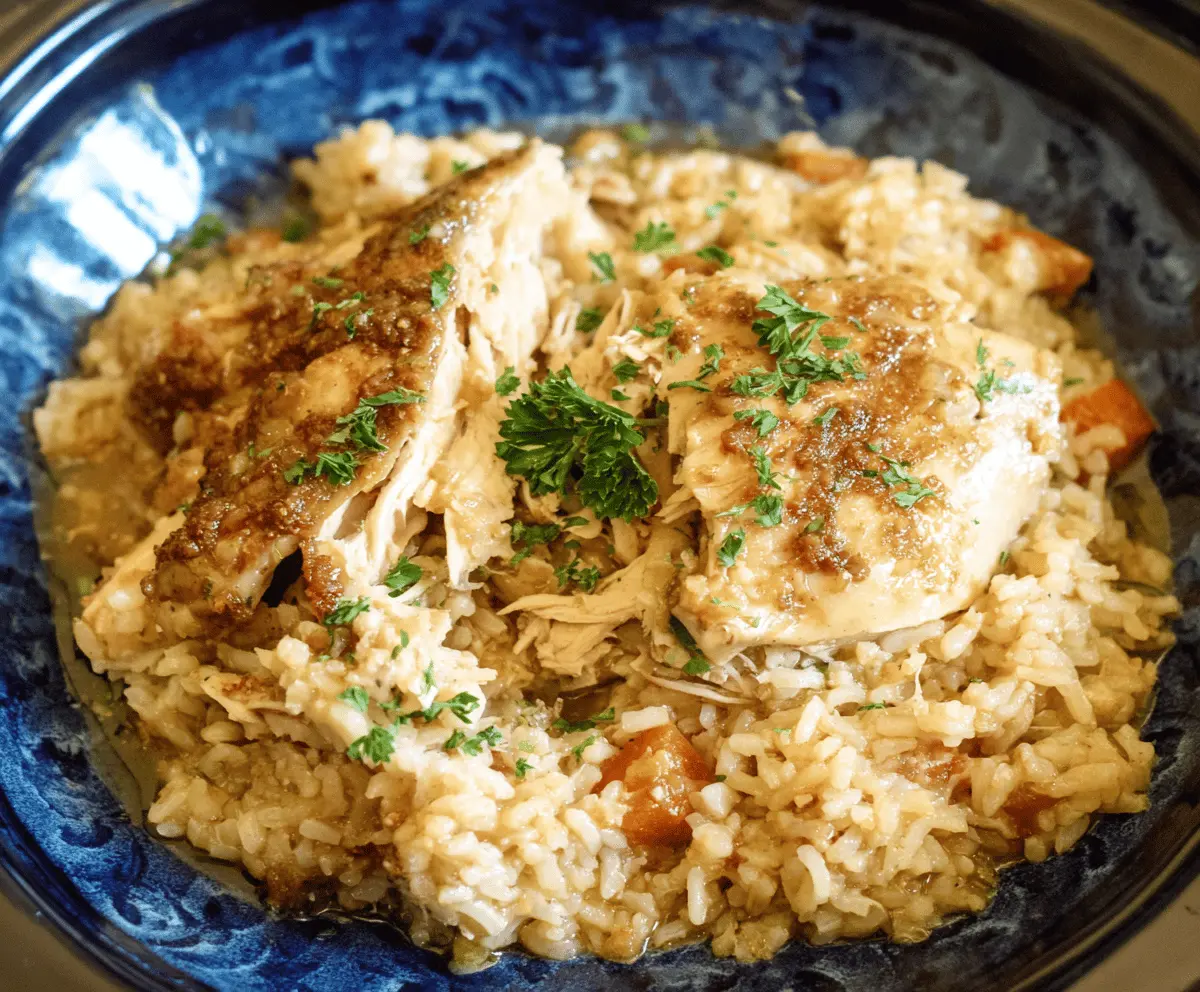 Delicious crock pot chicken and rice served in a bowl with herbs and vegetables