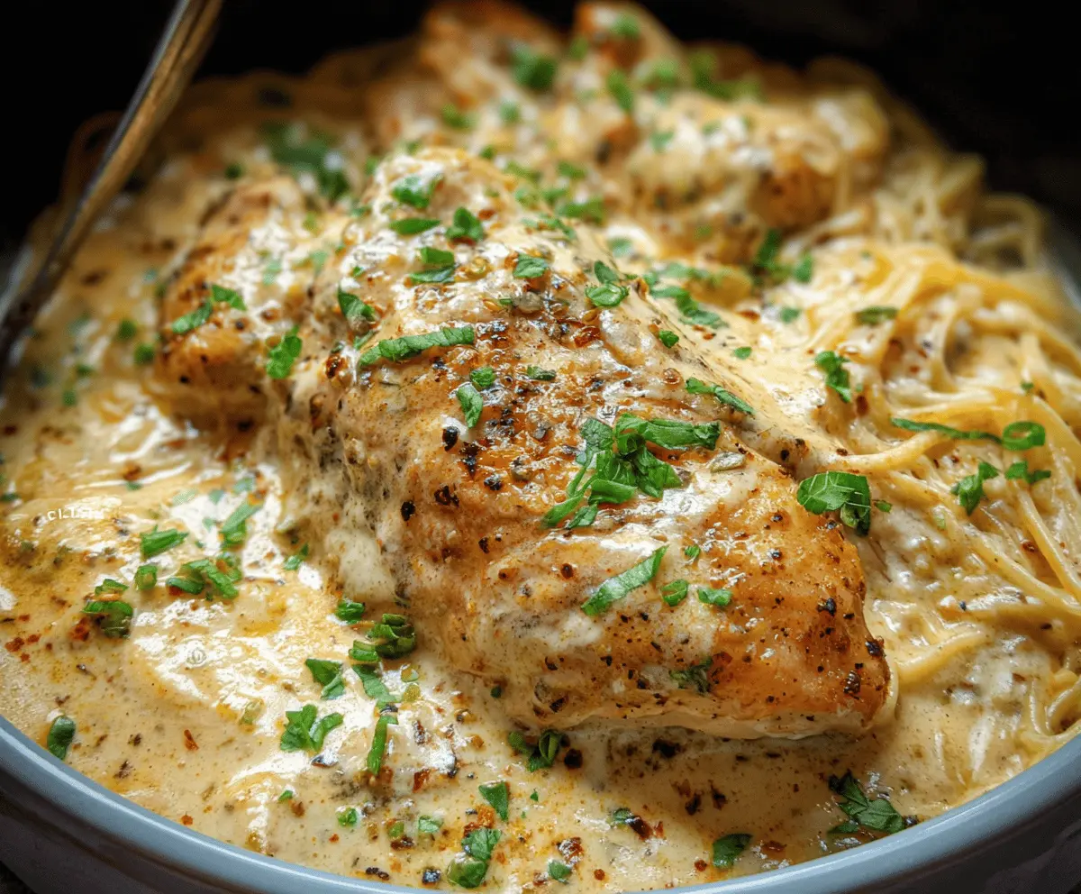 Creamy Crockpot Angel Chicken served with rice, garnished with parsley, perfect for a comforting dinner.
