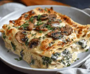 Delicious creamy spinach and mushroom lasagna layered with cheese and pasta, perfect for a comfort meal.