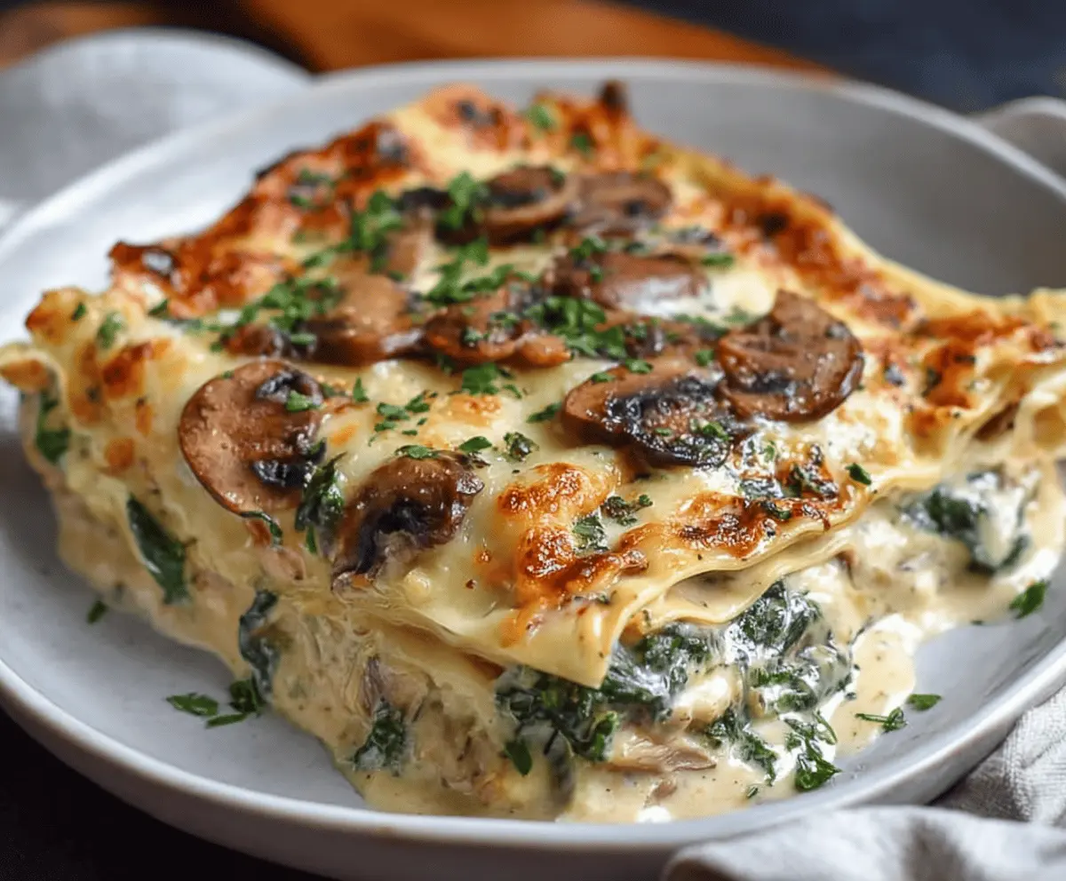 Delicious creamy spinach and mushroom lasagna layered with cheese and pasta, perfect for a comfort meal.