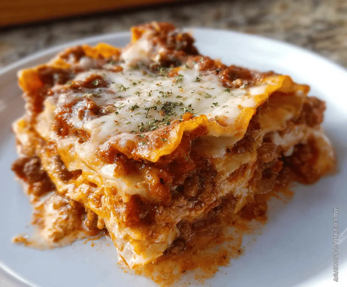 Delicious homemade lasagna with layers of rich cheese, seasoned meat, and savory tomato sauce