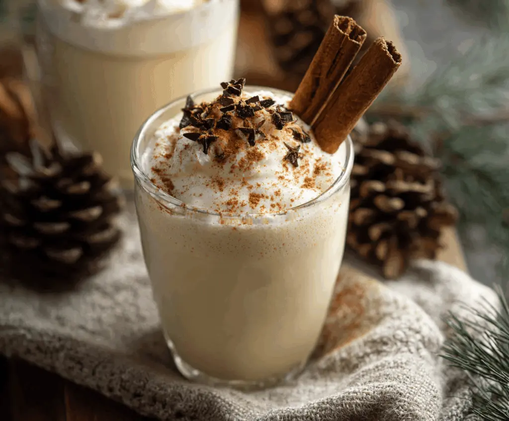 Creamy homemade eggnog in a glass garnished with nutmeg, perfect for holiday celebrations.