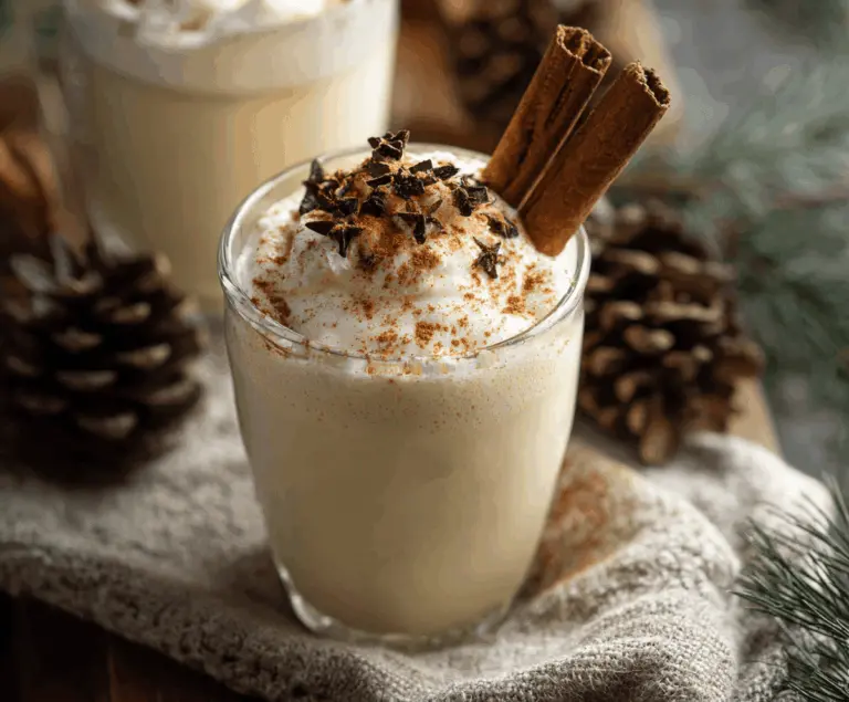 Creamy homemade eggnog in a glass garnished with nutmeg, perfect for holiday celebrations.