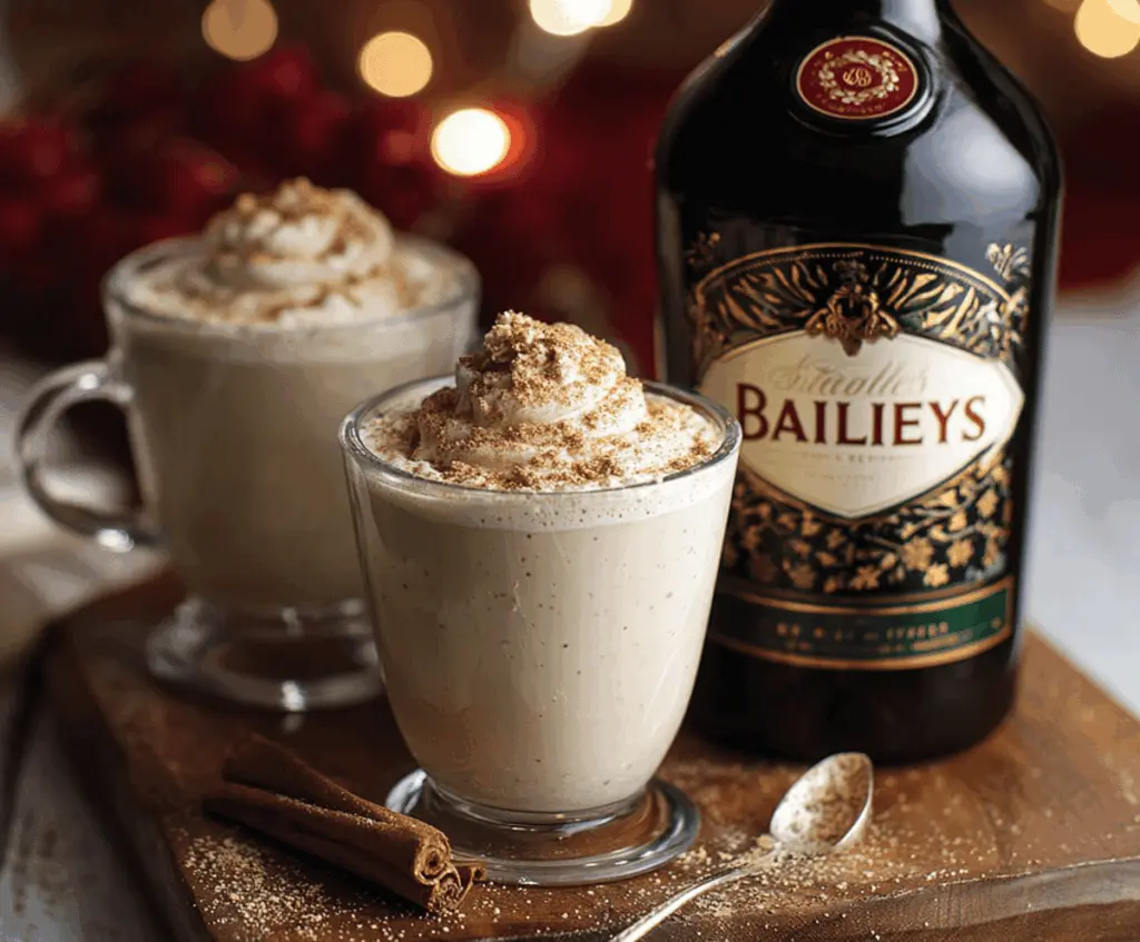Creamy eggnog with Baileys Irish Cream in a festive glass, perfect for holiday celebrations.