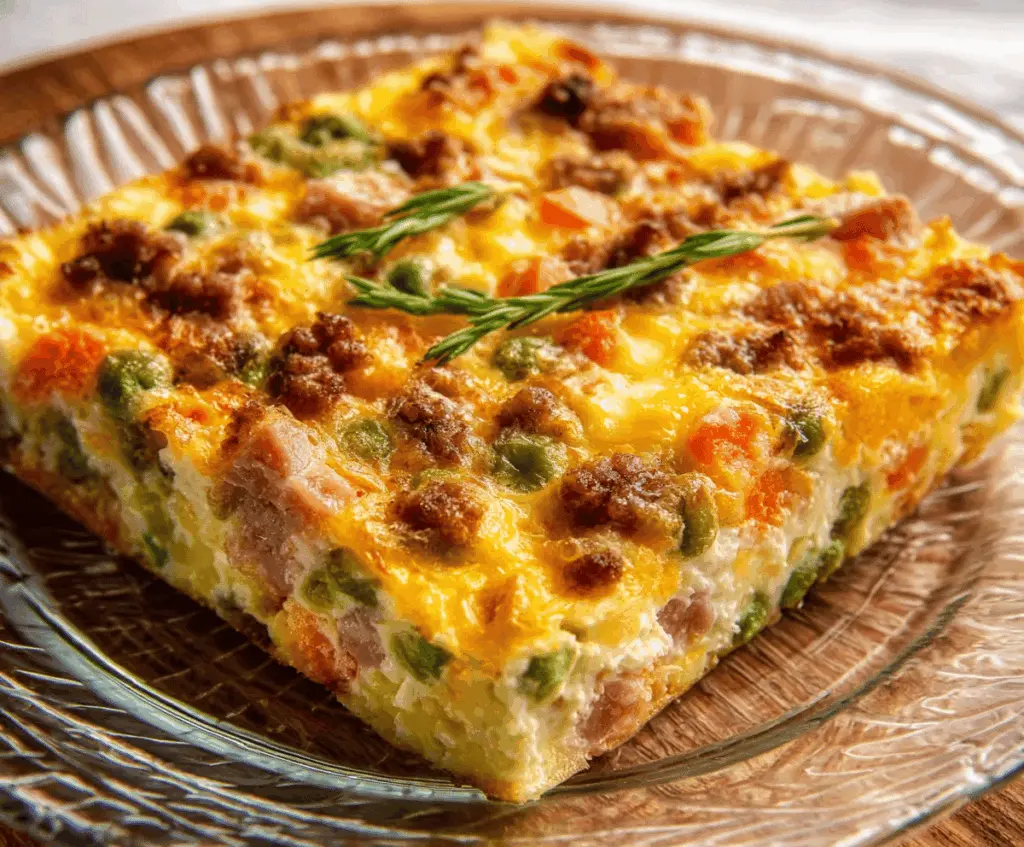 Delicious Farmer's Casserole with fresh vegetables and melted cheese, perfect for family dinner