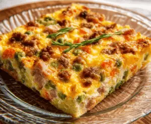 Delicious Farmer's Casserole with fresh vegetables and melted cheese, perfect for family dinner