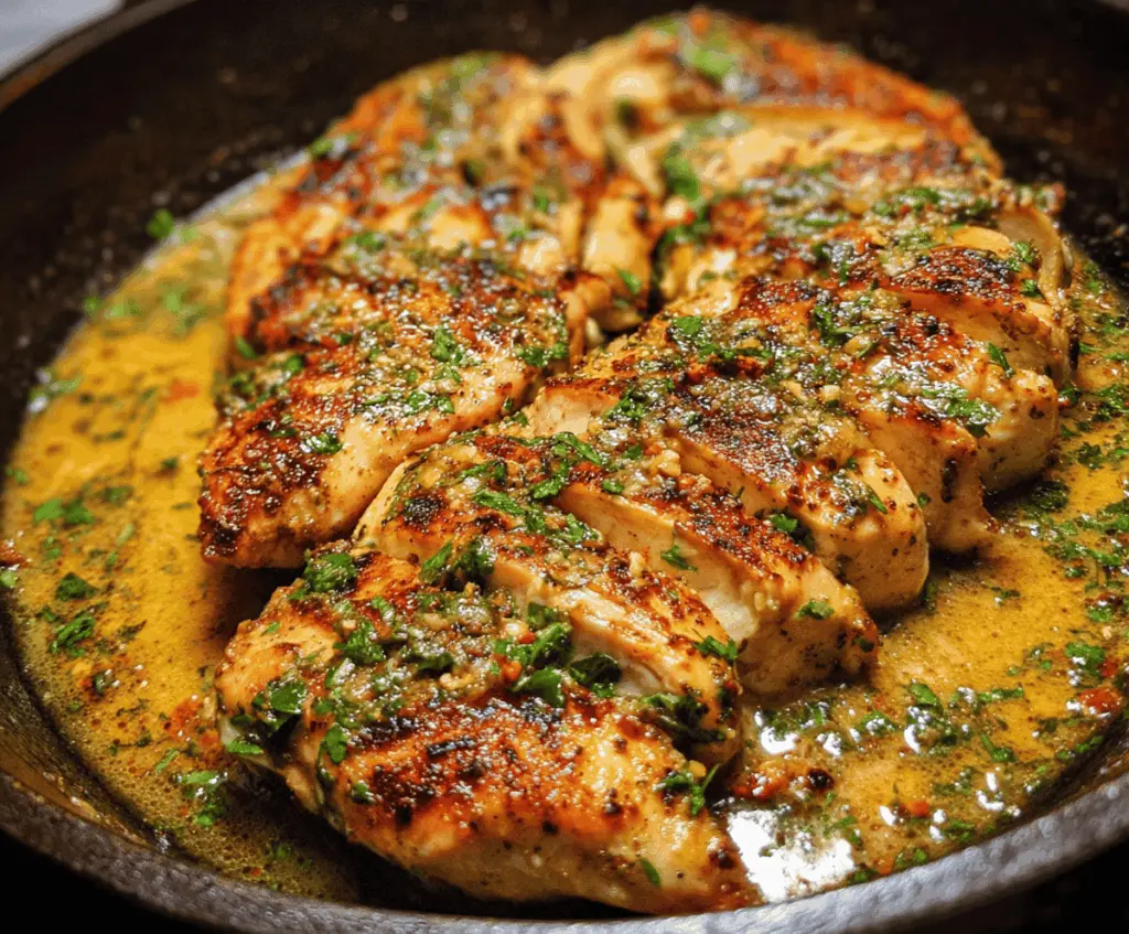 Juicy garlic butter chicken served on a plate with fresh herbs and lemon wedges, perfect for a delicious dinner.