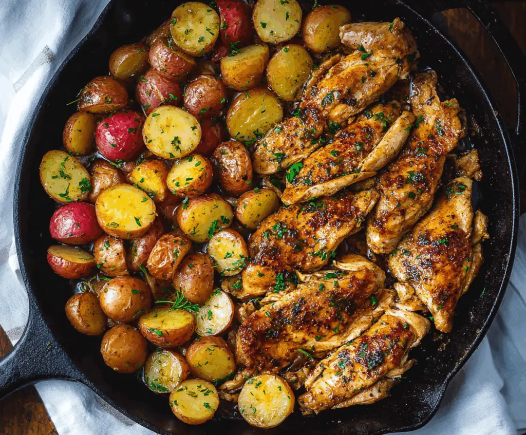 Delicious garlic butter chicken and roasted potatoes skillet served on a plate with fresh herbs.