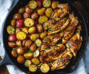 Delicious garlic butter chicken and roasted potatoes skillet served on a plate with fresh herbs.